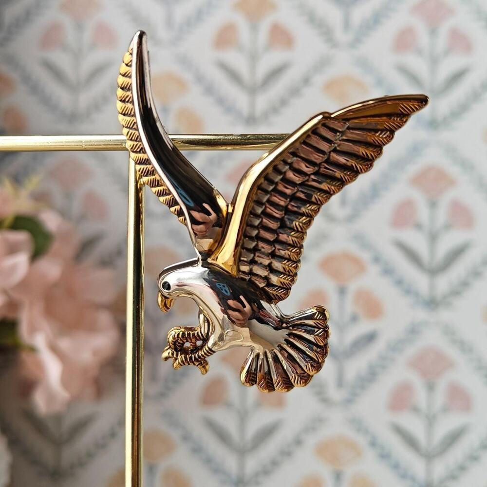 Vintage signed Best gold and silver tone eagle brooch and pendant combo